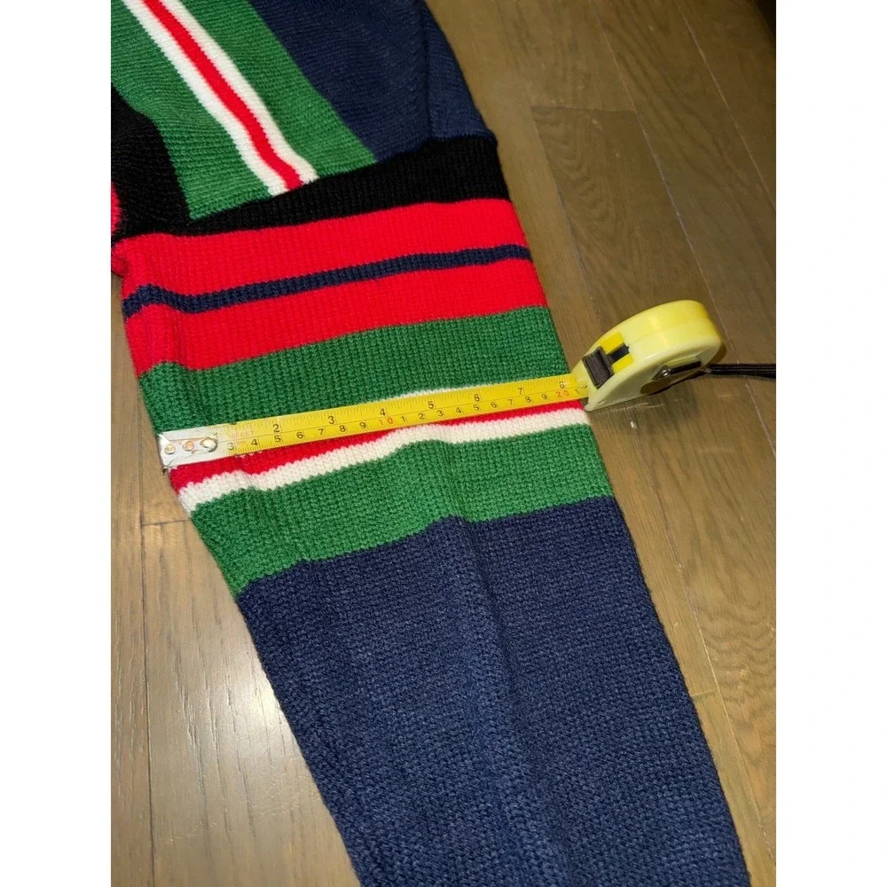 Vintage Style Chunky Knit Striped Sweater Navy Green Red Mock Neck Oversized L‎